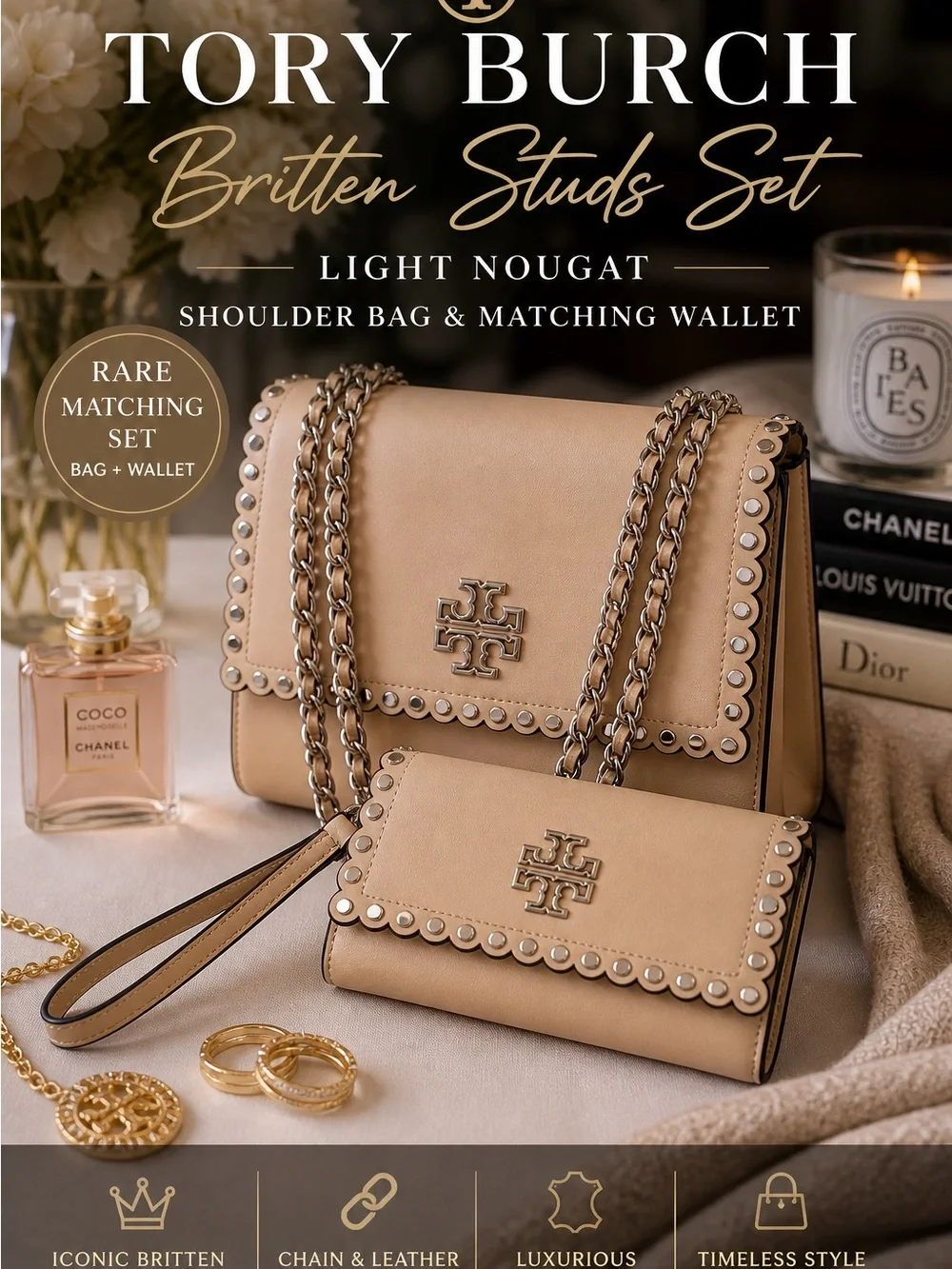 Tory Burch Britten Studs Set Light Nougat Bag + Wallet RARE Matching‎ Set